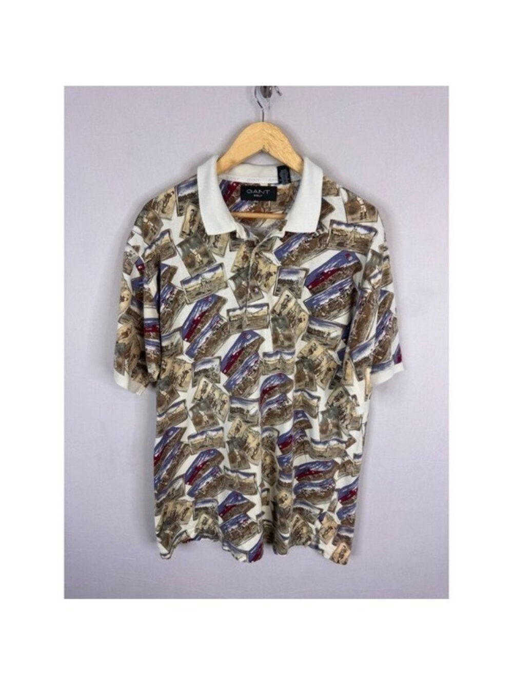 Gant Golf Vintage Postcard Print Polo Shirt Mens XL White Cotton Short Sleeve